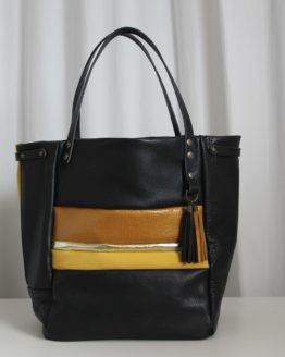 [Cb.C 15] Cabas cuir noir bandes doré jaune (17)