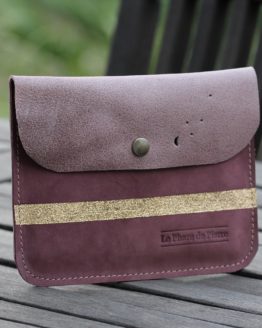 [Pc.C 01] Pochette cuir vieux rose - Prune- bande dorée (5)