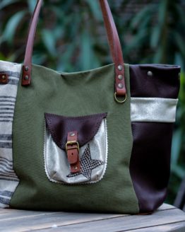 [Cb.21 07] Cabas toile kaki, lin rayé écru et noi, cuir brun et pailleté (31)_resultat